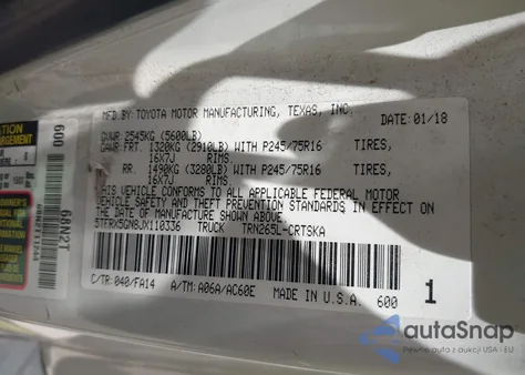 2018 Toyota Tacoma Sr z USA, uszkodzony, nr VIN 5TFRX5GN8JX110336